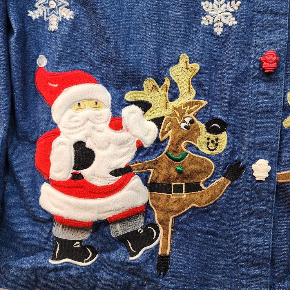 Tantrums Women's Blue Denim Christmas Button Up Shirt Size L Santa Reindeer - Picture 3 of 8